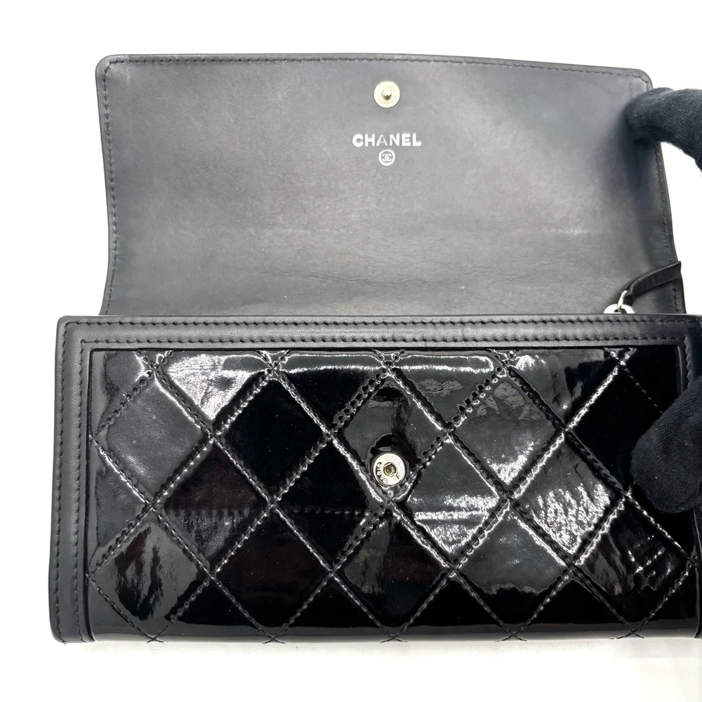 CHANEL Black Quilted Patent‎ Leather Wallet with Elegant Silver Accents